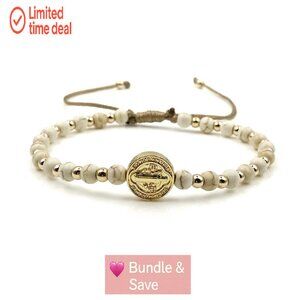 Adjustable Saint Benedict Coin Beaded Bracelet Gold Plated Spiritual